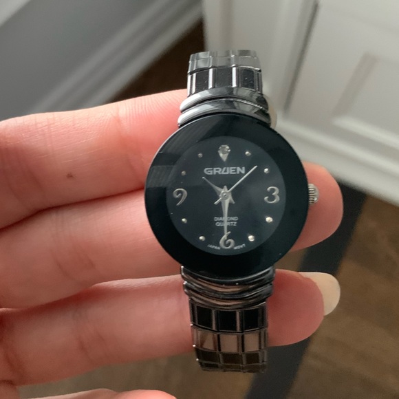 Vintage GRUEN Dimond Ladies Watch Black Tone Stretch Band in original box GU5015 - Picture 4 of 16